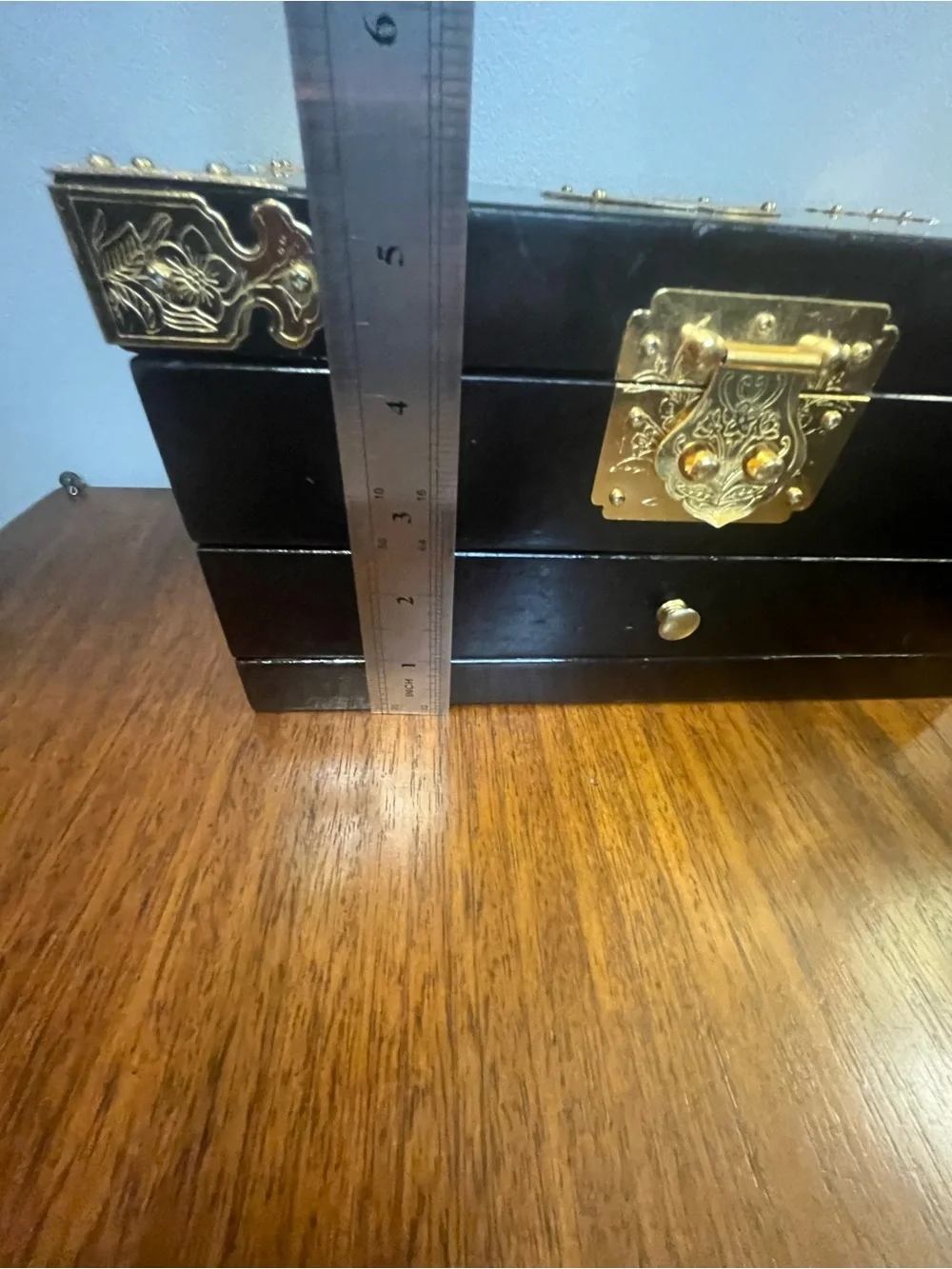 Vintage Asian Black Lacquer Jewelry Box Drawer Brass Hardware Chinese Longevity